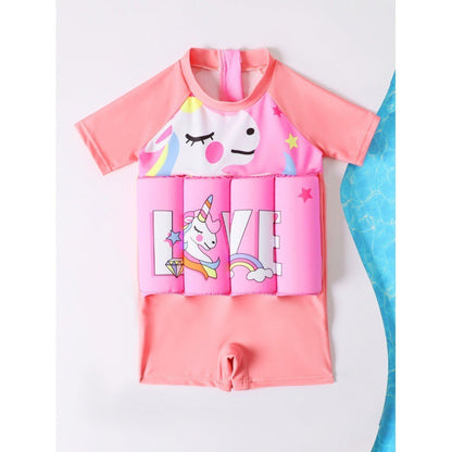Girls' Short Sleeve Cartoon One-Piece Buoyancy Swimsuit