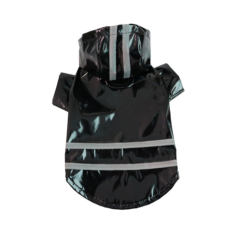 Black hooded dog raincoat with two silver strips across the back and hood