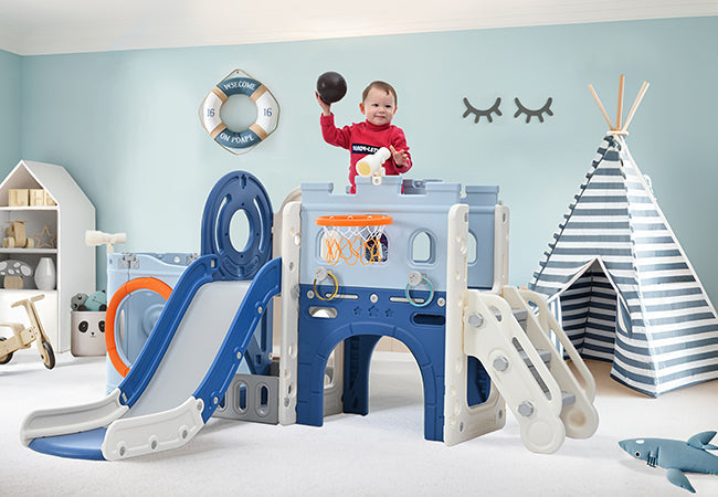 10-in-1 Pirate Ship Toddler Slide Set with Basketball Hoop