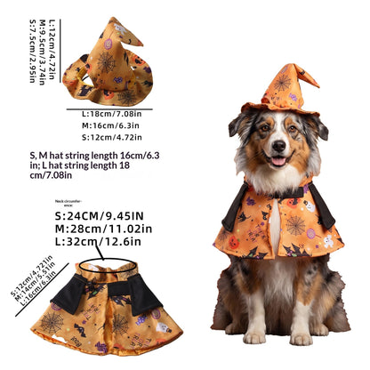 Dog wearing an orange Halloween-print cape and matching pointed hat beside size measurements
