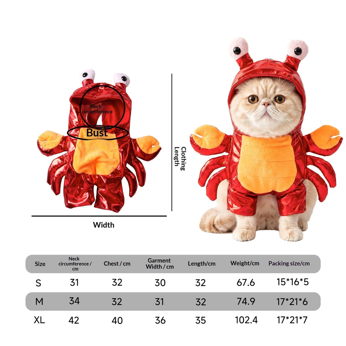 Cat wearing a crab costume beside garment measurements and an S, M and XL size chart