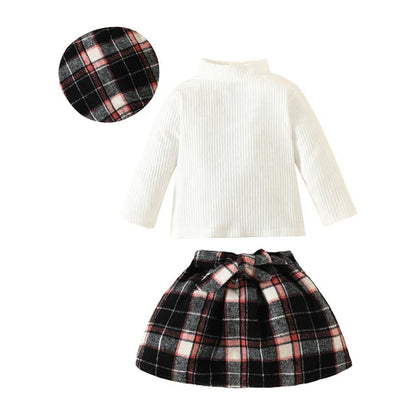 Toddler Knit Top, Plaid Skirt & Hat 3-Piece Outfit