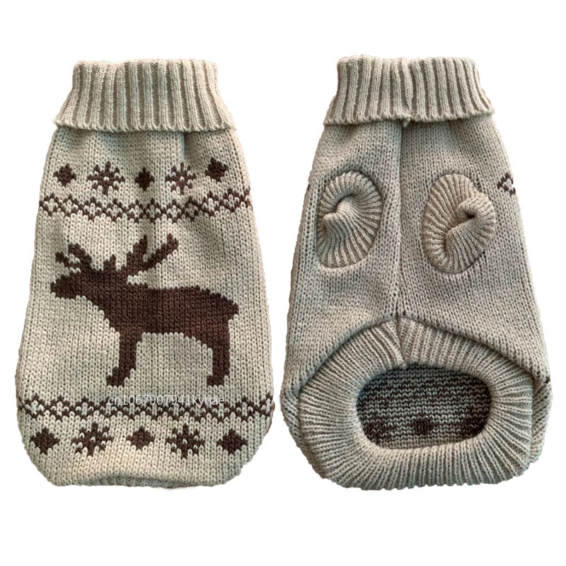 Light-colored knit pet sweater with a brown reindeer pattern, showing both sides