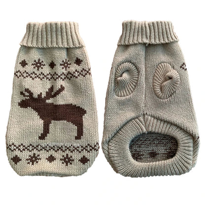 Light-colored knit pet sweater with a brown reindeer pattern, showing both sides