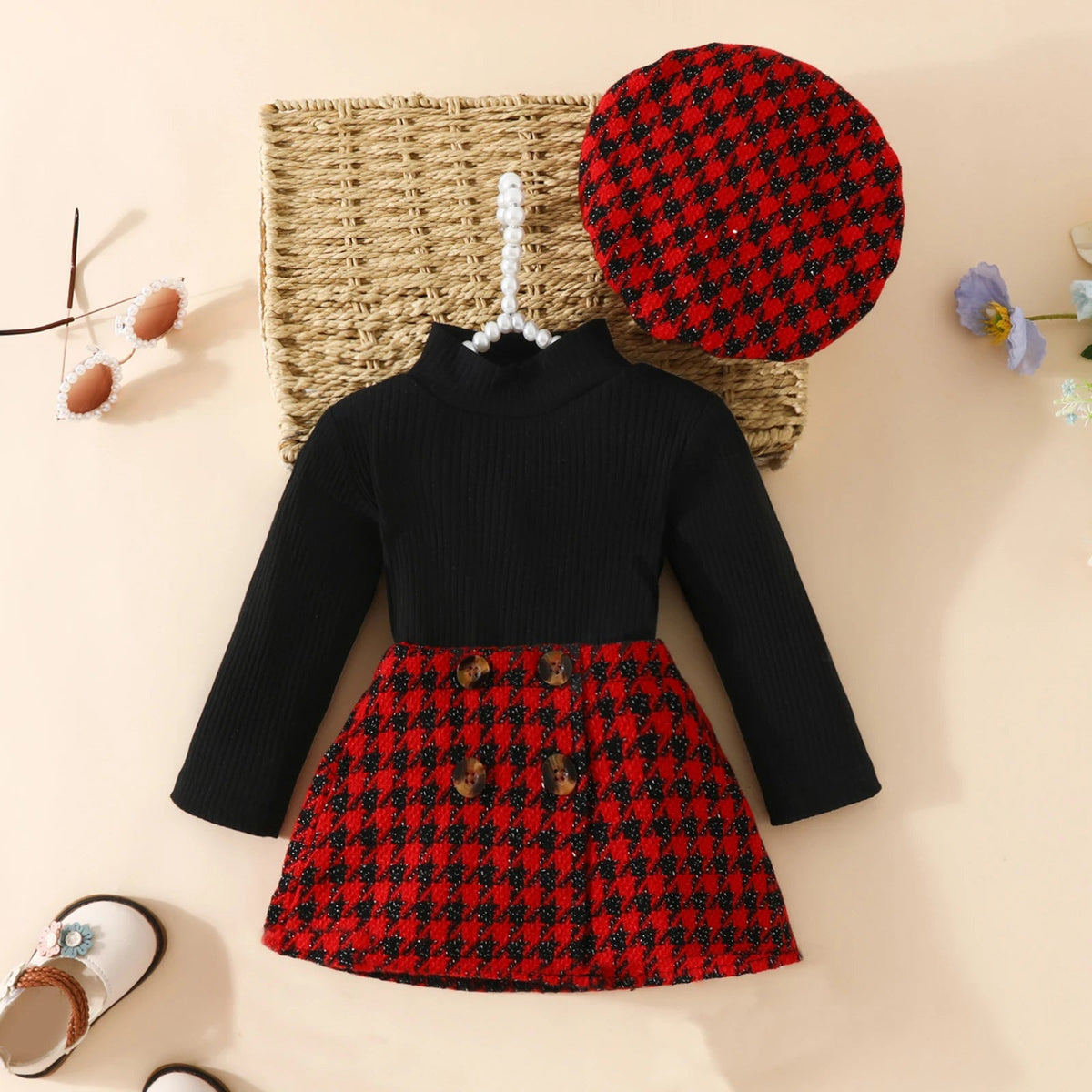 Toddler Christmas Knit Top, Plaid Skirt & Hat Set