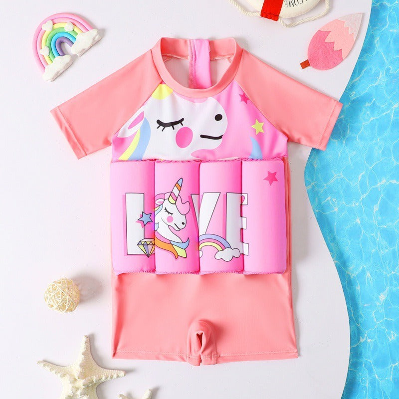 Girls' Short Sleeve Cartoon One-Piece Buoyancy Swimsuit