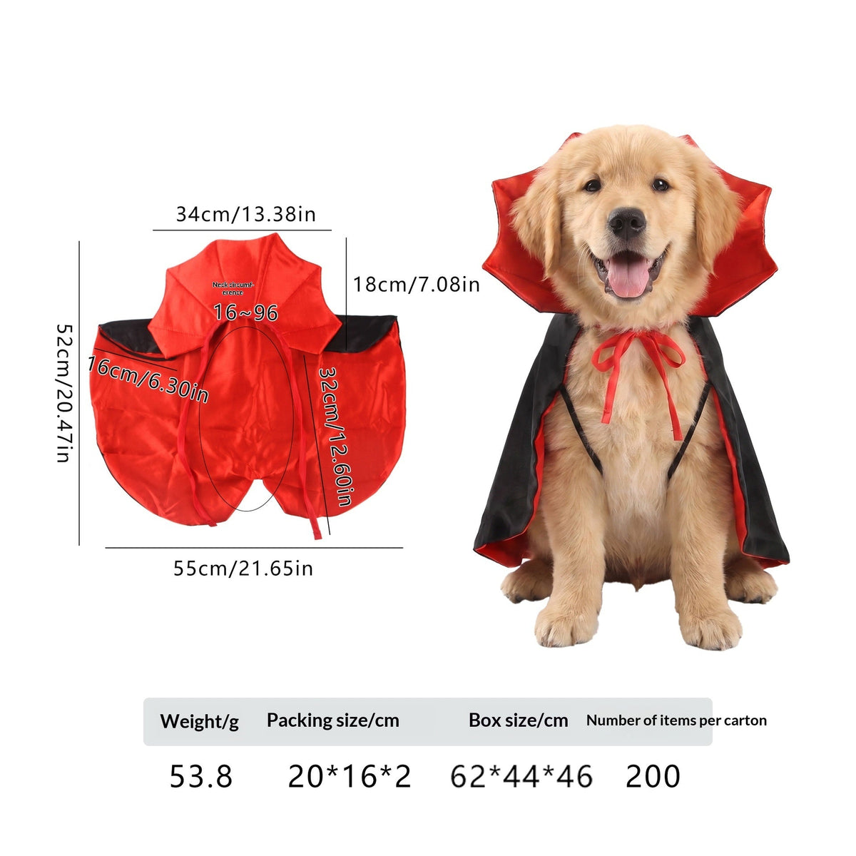 Dog wearing a cape with a red standing collar beside garment measurements