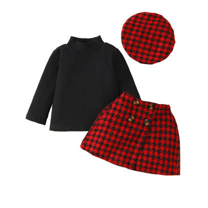 Toddler Christmas Knit Top, Plaid Skirt & Hat Set