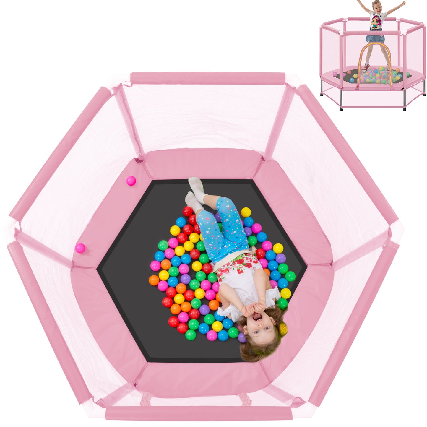 55" Kids Mini Trampoline with Safety Net & Ocean Balls