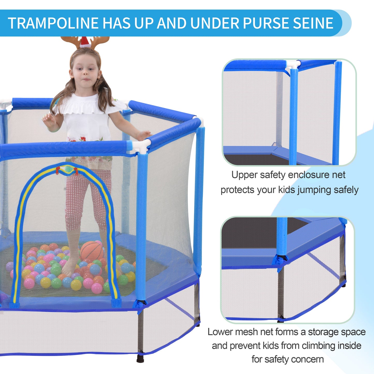55'' Kids Mini Trampoline with Safety Enclosure Net & Balls