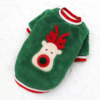Green reindeer fleece pet sweater displayed on a white textured surface