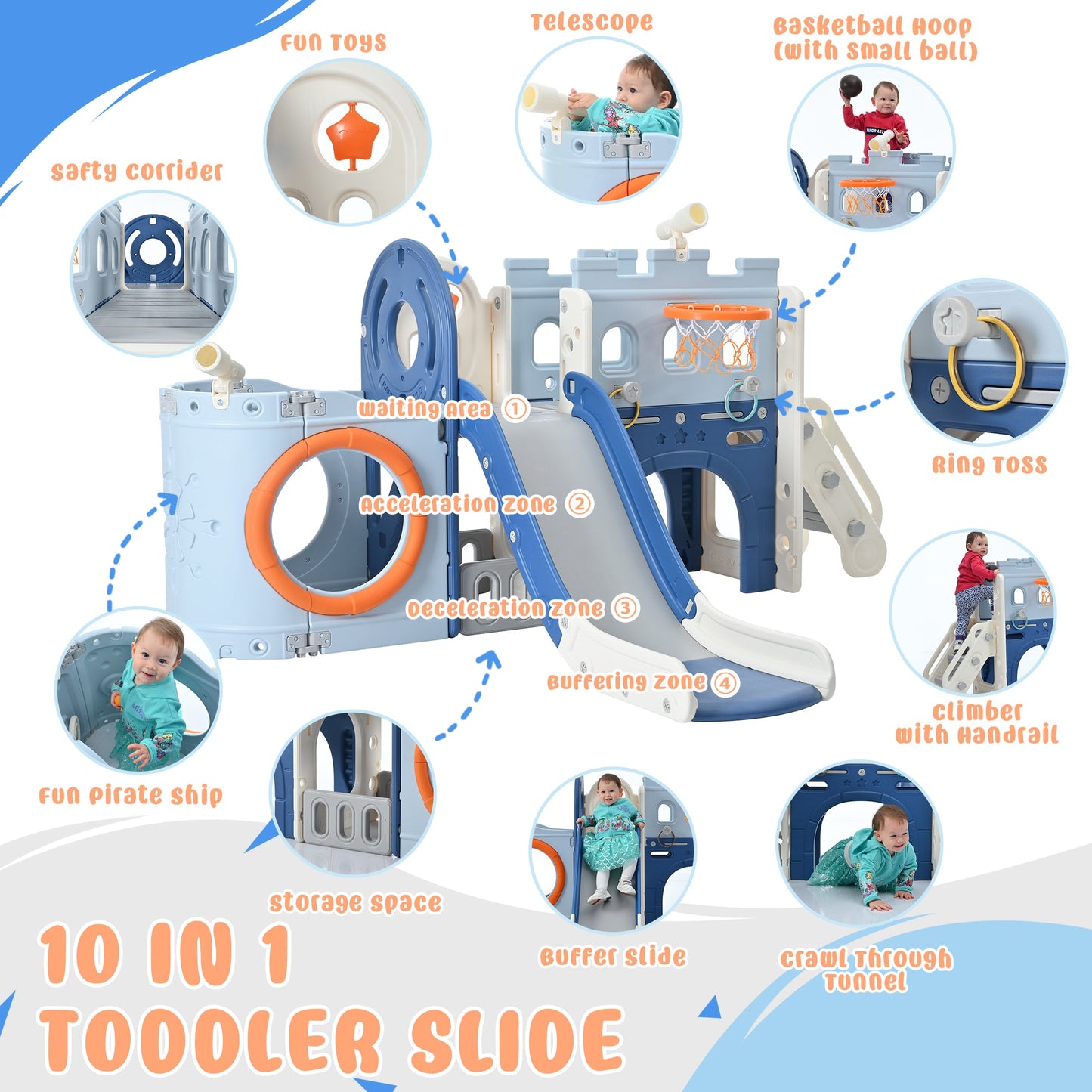 10-in-1 Pirate Ship Toddler Slide Set with Basketball Hoop