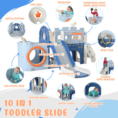 10-in-1 Pirate Ship Toddler Slide Set with Basketball Hoop