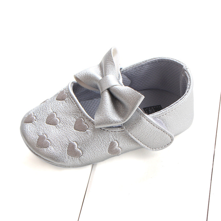 Peach-Heart Bow Baby Shoes with PU Uppers