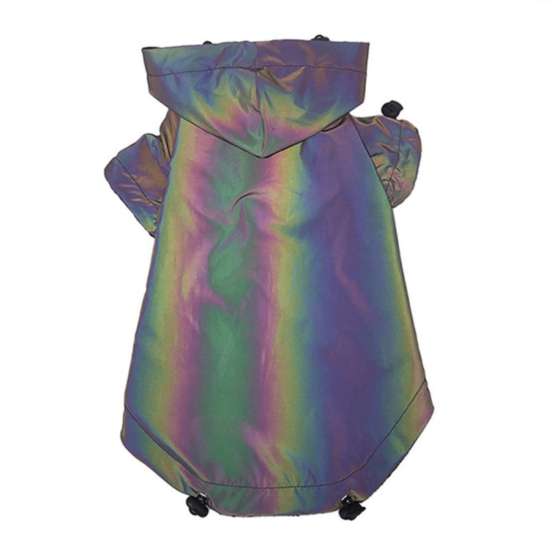 Reflective dog jacket back view showing hood sleeves and hem toggles