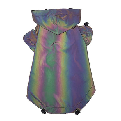 Reflective dog jacket back view showing hood sleeves and hem toggles