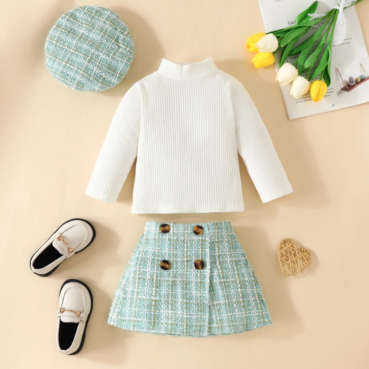 Toddler Knit Top, Plaid Skirt & Hat 3-Piece Outfit