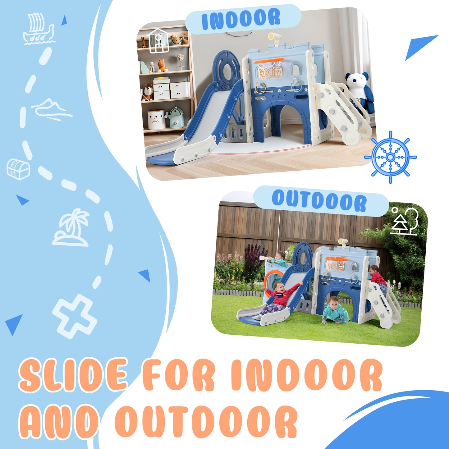 9-in-1 Pirate Ship Toddler Slide Set with Tunnel & Hoop