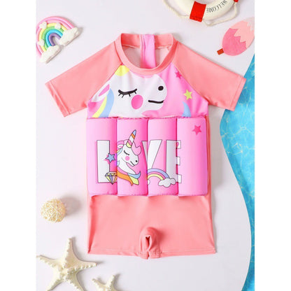 Girls' Short Sleeve Cartoon One-Piece Buoyancy Swimsuit