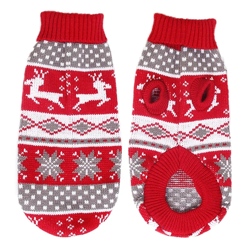 Red reindeer and snowflake knit pet sweater showing the patterned back and leg openings