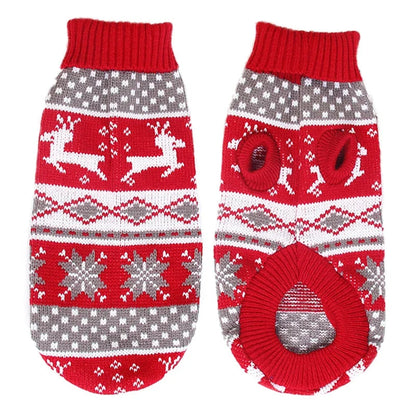 Red reindeer and snowflake knit pet sweater showing the patterned back and leg openings