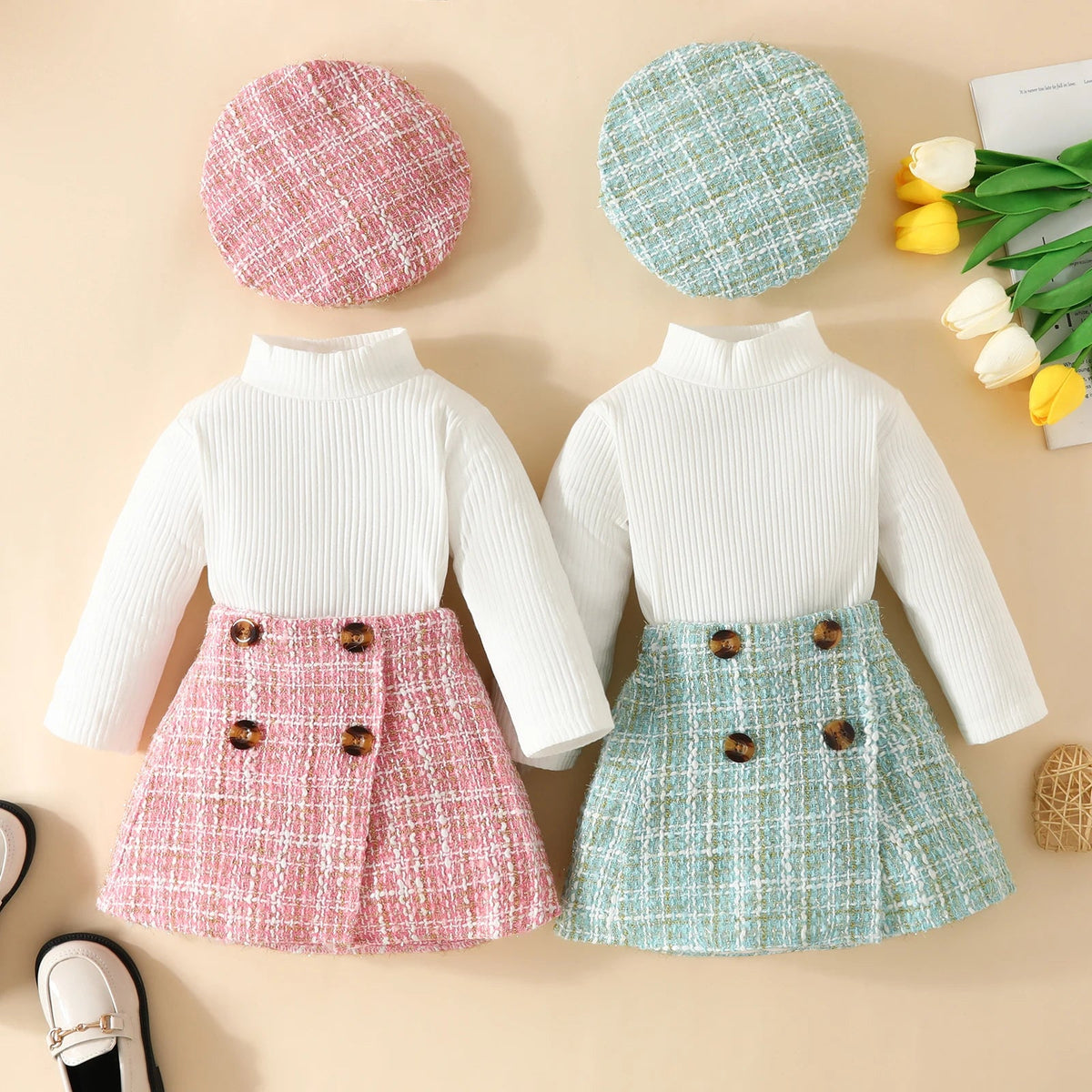 Toddler Knit Top, Plaid Skirt & Hat 3-Piece Outfit