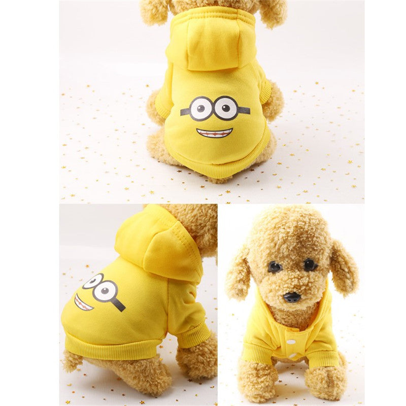 Yellow Minion dog hoodie front back and side views on a plush dog model