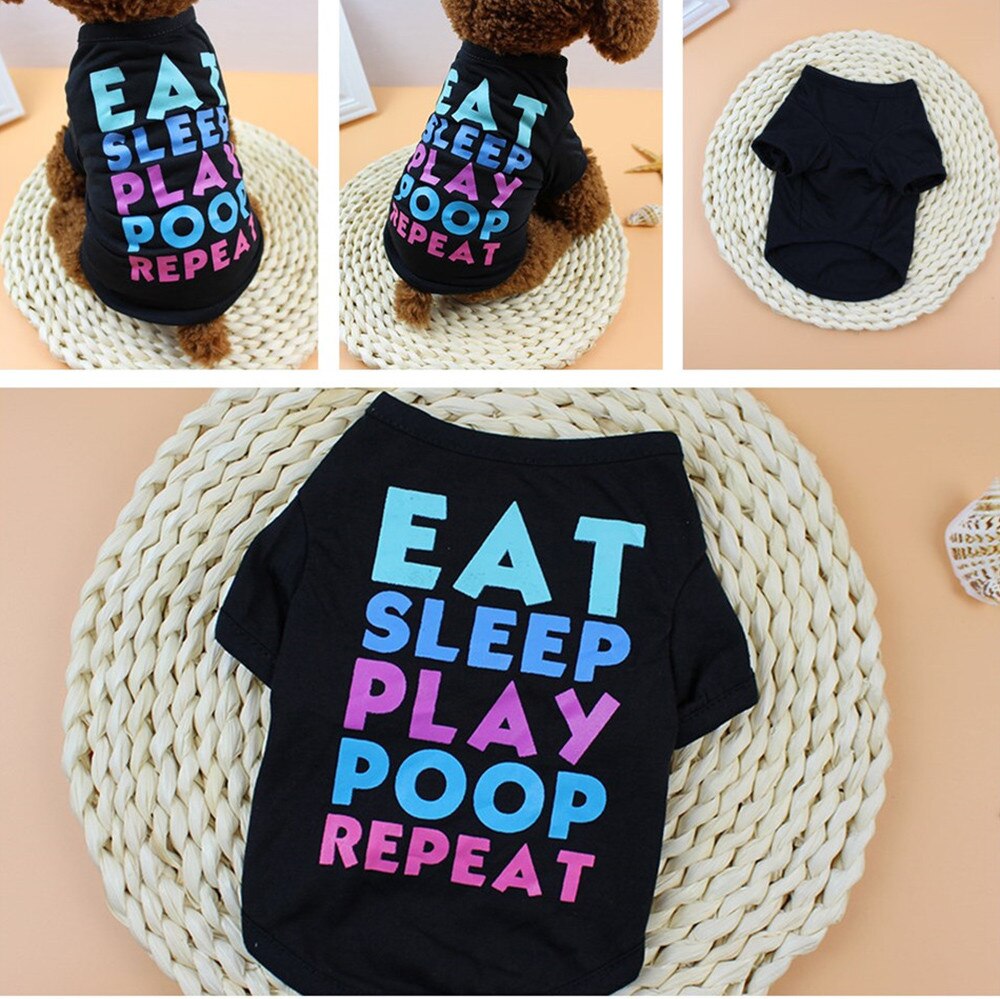 Collage of a black Eat Sleep Play Poop Repeat pet shirt laid flat and worn by a brown dog

