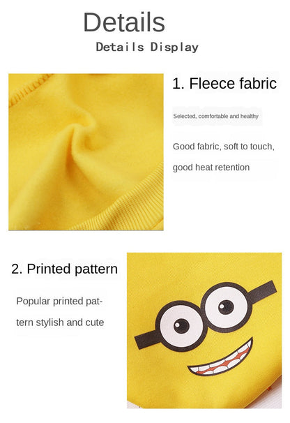 Yellow Minion dog hoodie fabric and printed face closeups