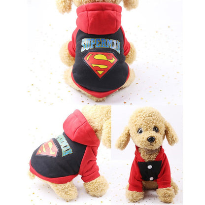 Black Superman dog hoodie front back and side views on a plush dog model