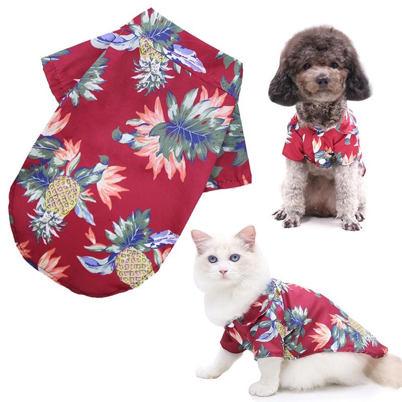 Red tropical pet shirt shown alongside a dog and cat wearing it