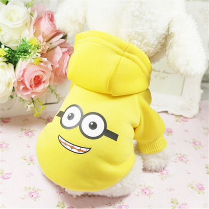 Yellow Minion dog hoodie shown from an angled back view
