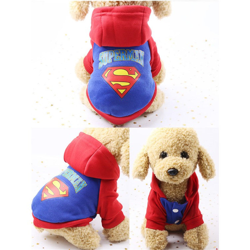 Blue Superman dog hoodie front back and side views on a plush dog model