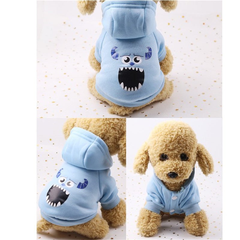 Blue Monster dog hoodie front back and side views on a plush dog model