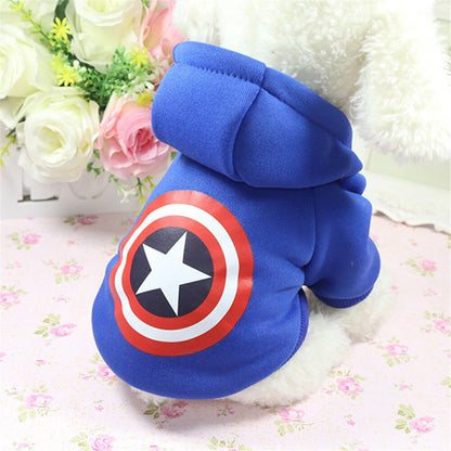 Blue America dog hoodie shown from an angled back view