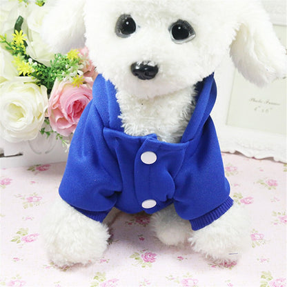 Blue dog hoodie front snap closures shown on a plush dog model