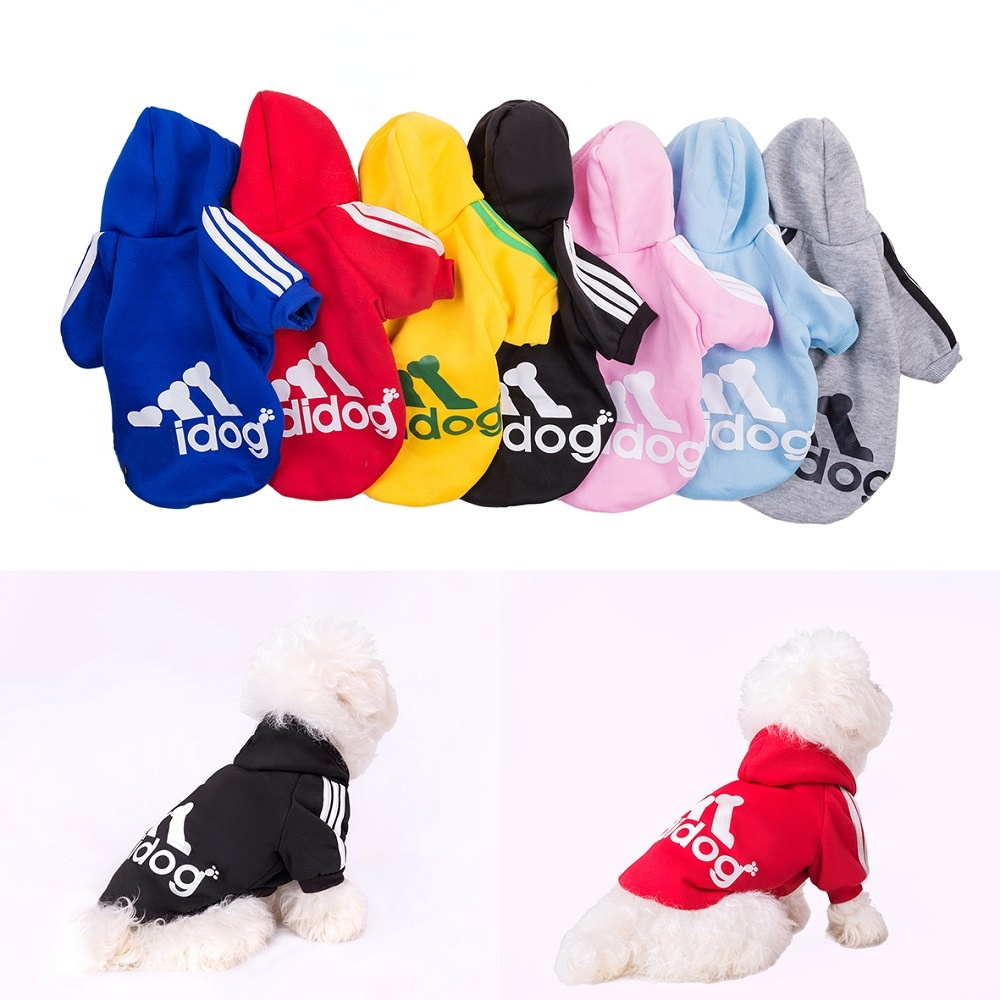 Adidog dog hoodies in seven colors with dogs modeling the black and red designs
