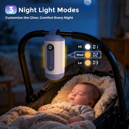 Nighttime graphic showing the Momfann rocker attached to a stroller above a sleeping baby, with three light modes shown.