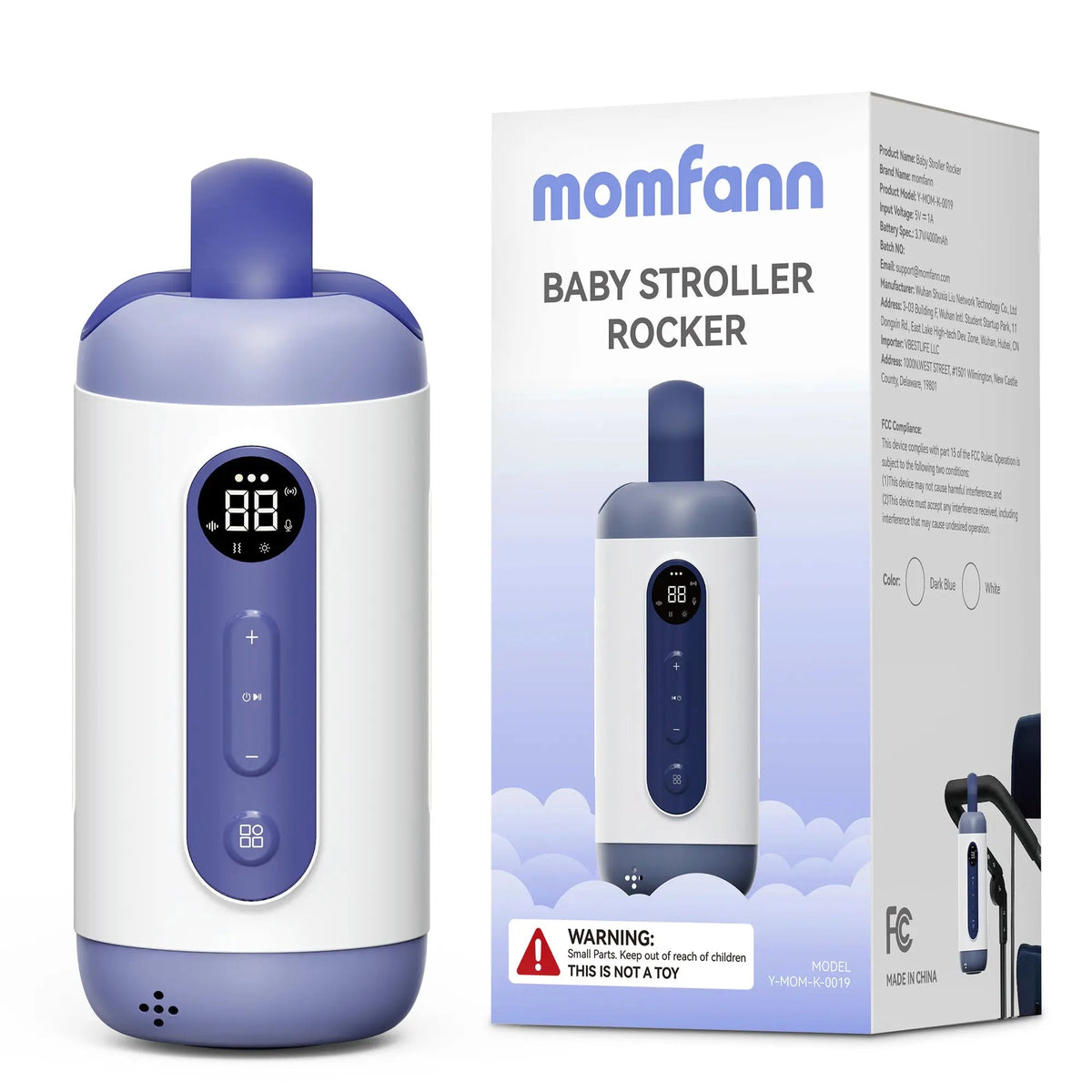 Momfann baby rocker device beside its retail box on a white background.