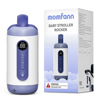 Momfann baby rocker device beside its retail box on a white background.