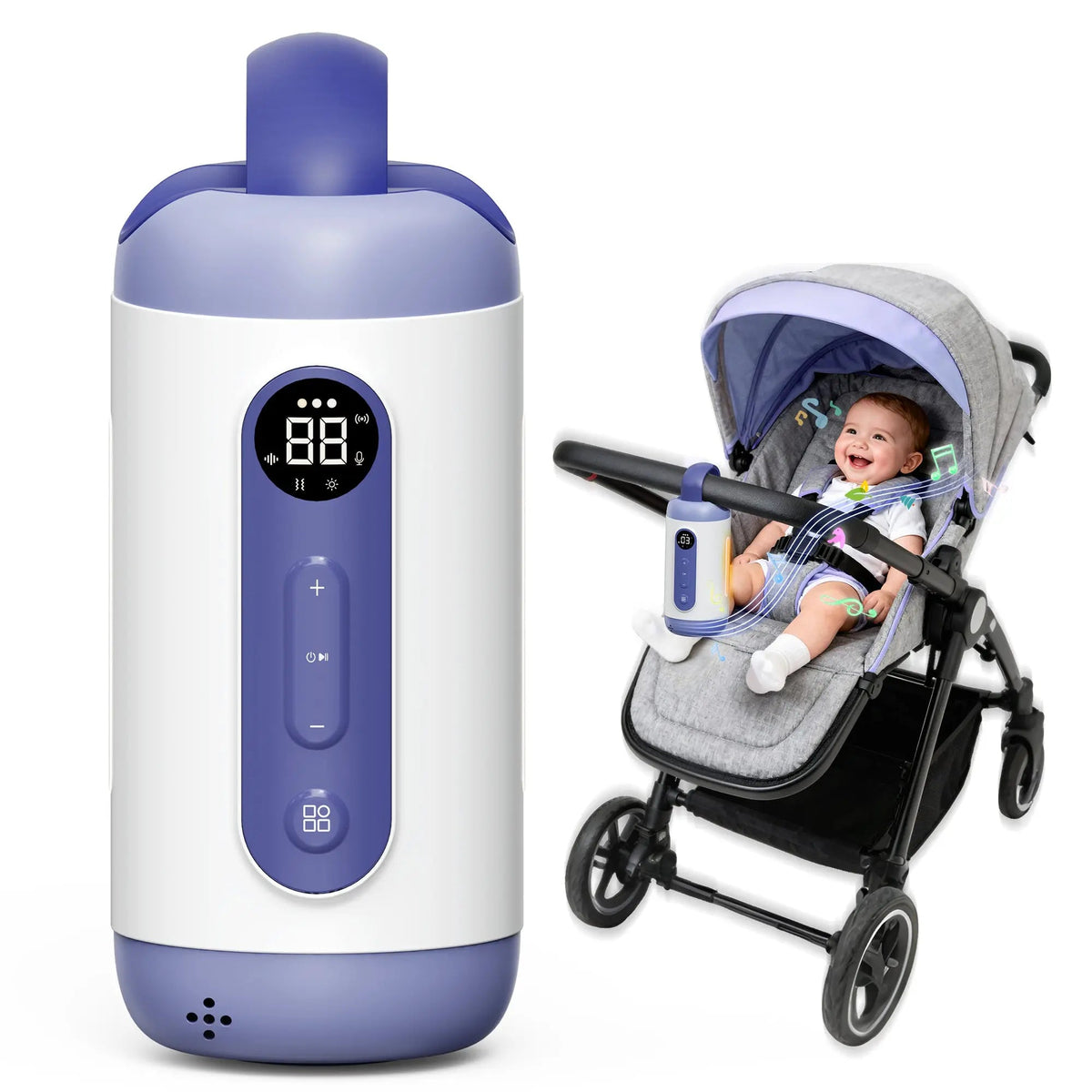 Momfann rocker device attached to a stroller handle beside a seated baby.