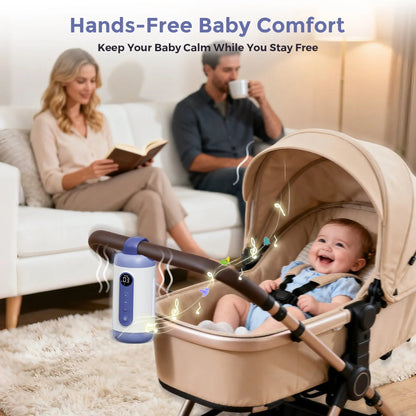 Parents relaxing on a sofa while a baby sits in a stroller with the Momfann rocker attached.