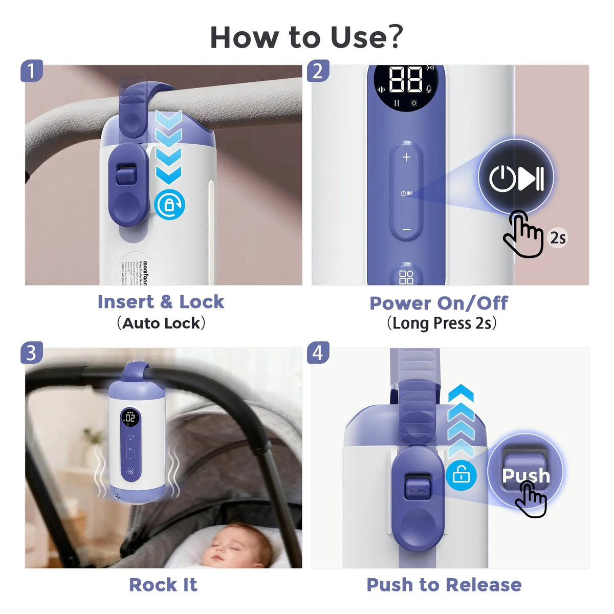 Four-step graphic showing how to attach the Momfann rocker to a stroller, turn it on, and release it.
