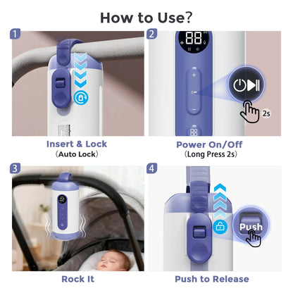 Four-step graphic showing how to attach the Momfann rocker to a stroller, turn it on, and release it.
