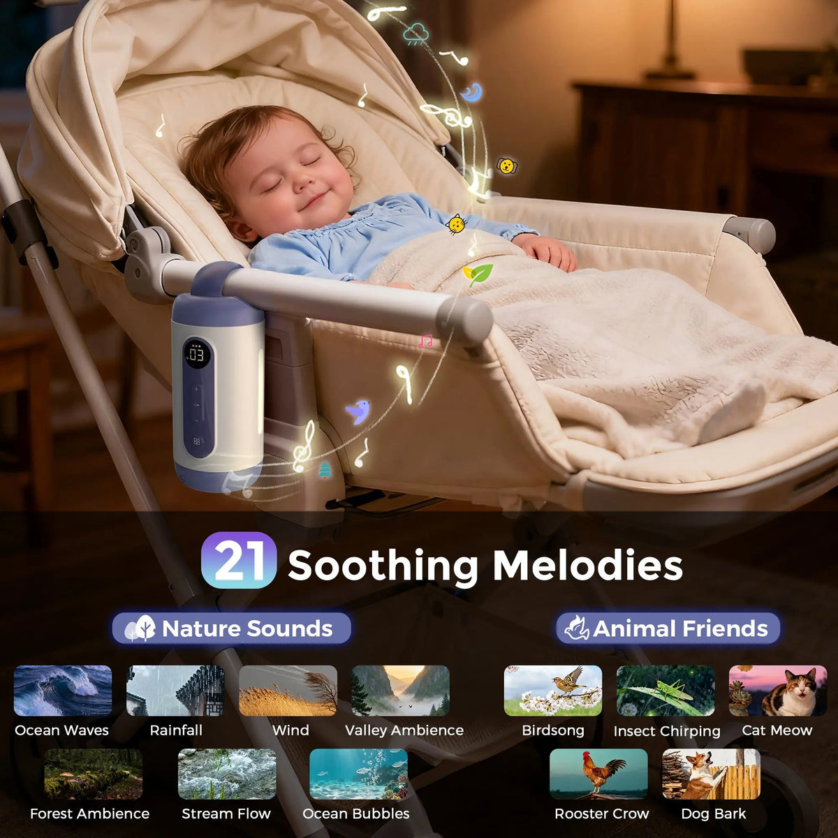 Baby resting in a stroller beside the Momfann rocker, with a “21 Soothing Melodies” heading and sound icons.