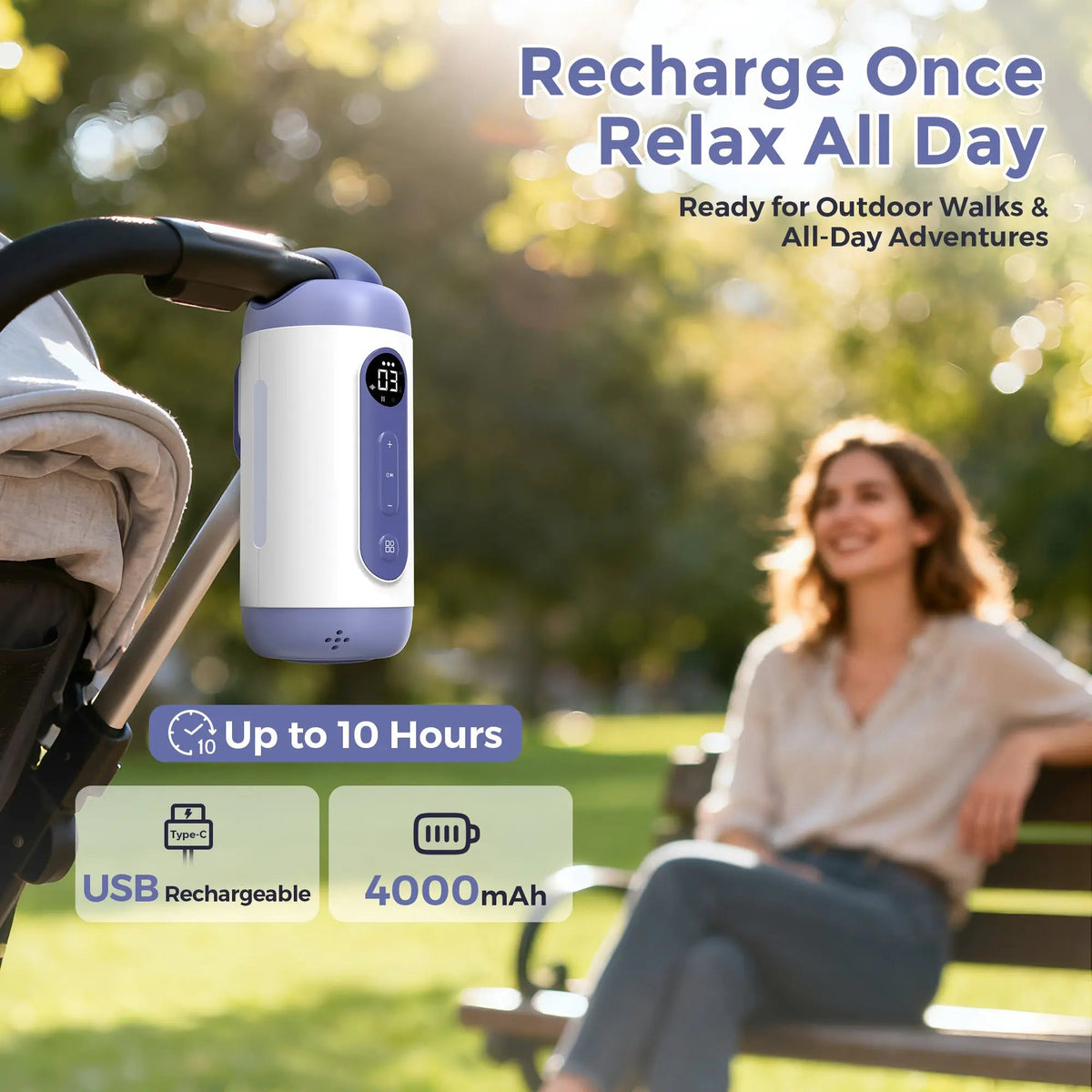 Momfann rocker attached to a stroller outdoors, with battery and recharge callouts.