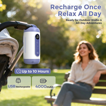 Momfann rocker attached to a stroller outdoors, with battery and recharge callouts.
