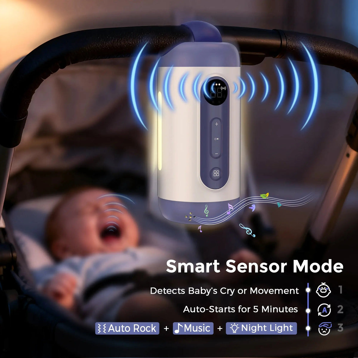 Momfann rocker attached to a stroller with sound-wave graphics and a “Smart Sensor Mode” heading.