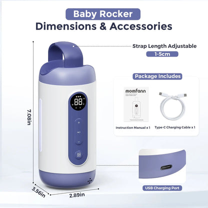 Diagram of the Momfann baby rocker with dimensions, adjustable strap, manual, charging cable, and port.