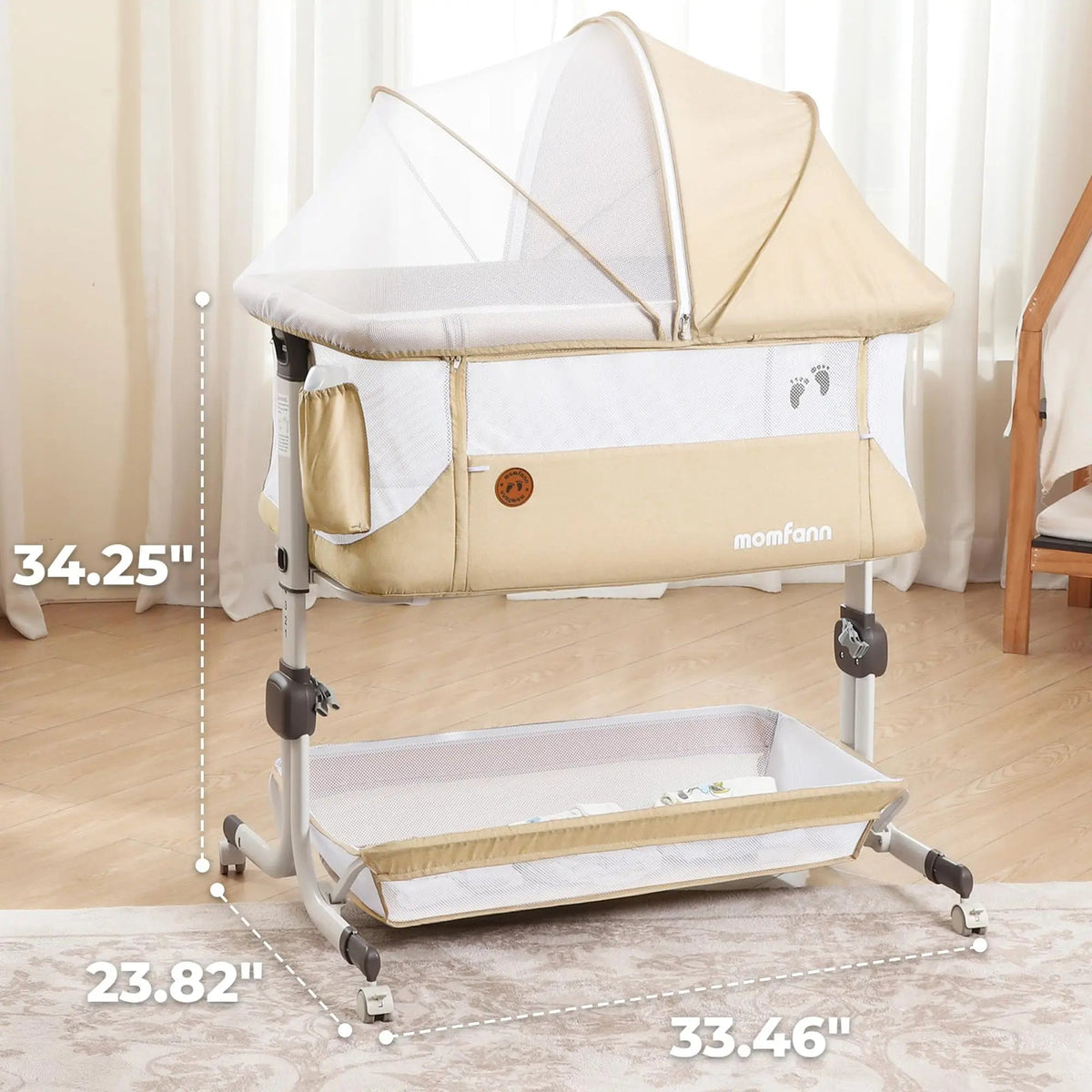 Beige bedside bassinet with mesh canopy and lower storage shelf, shown with dimension callouts.